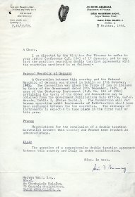 Letter from the Secretary of the Department of Finance to Mervyn Wall, Secretary of the Arts Council.